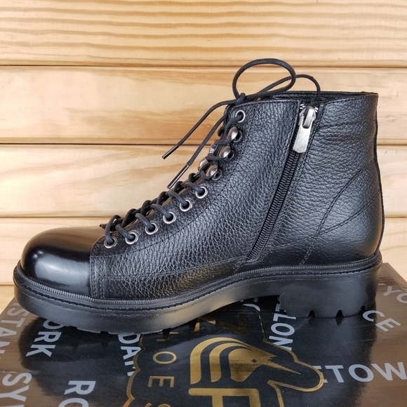 Men's 100% Genuine Leather Black Ankle Boots 7 US Paul Branco Side Zip Lace-up - Picture 7 of 11